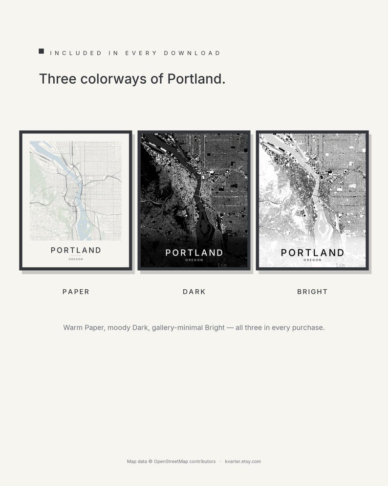 Portland map wall art — Listing image 02 — colorways