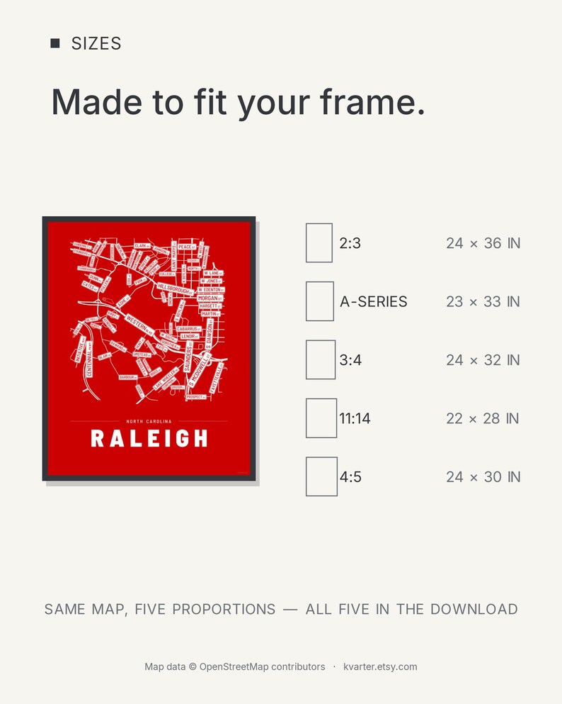 Raleigh map wall art — Listing image 08 — sizes