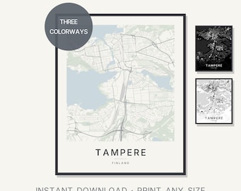 Mappa di Tampere, Finlandia, stampa digitale, arte murale minimalista scandinava (download digitale)