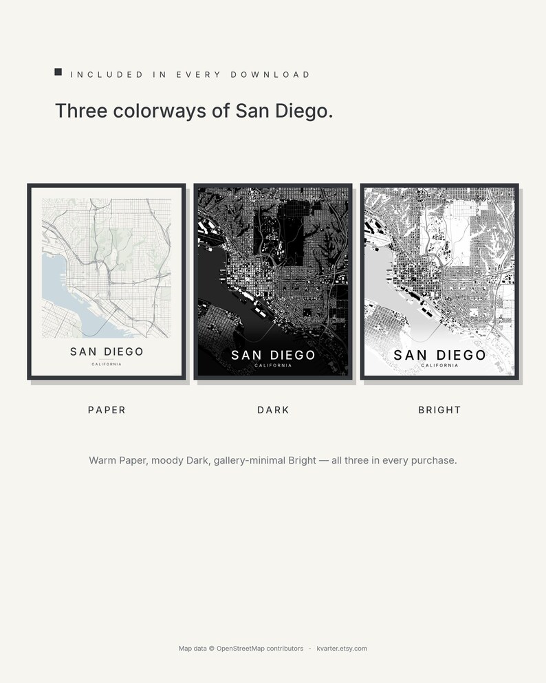 San Diego map wall art — Listing image 02 — colorways