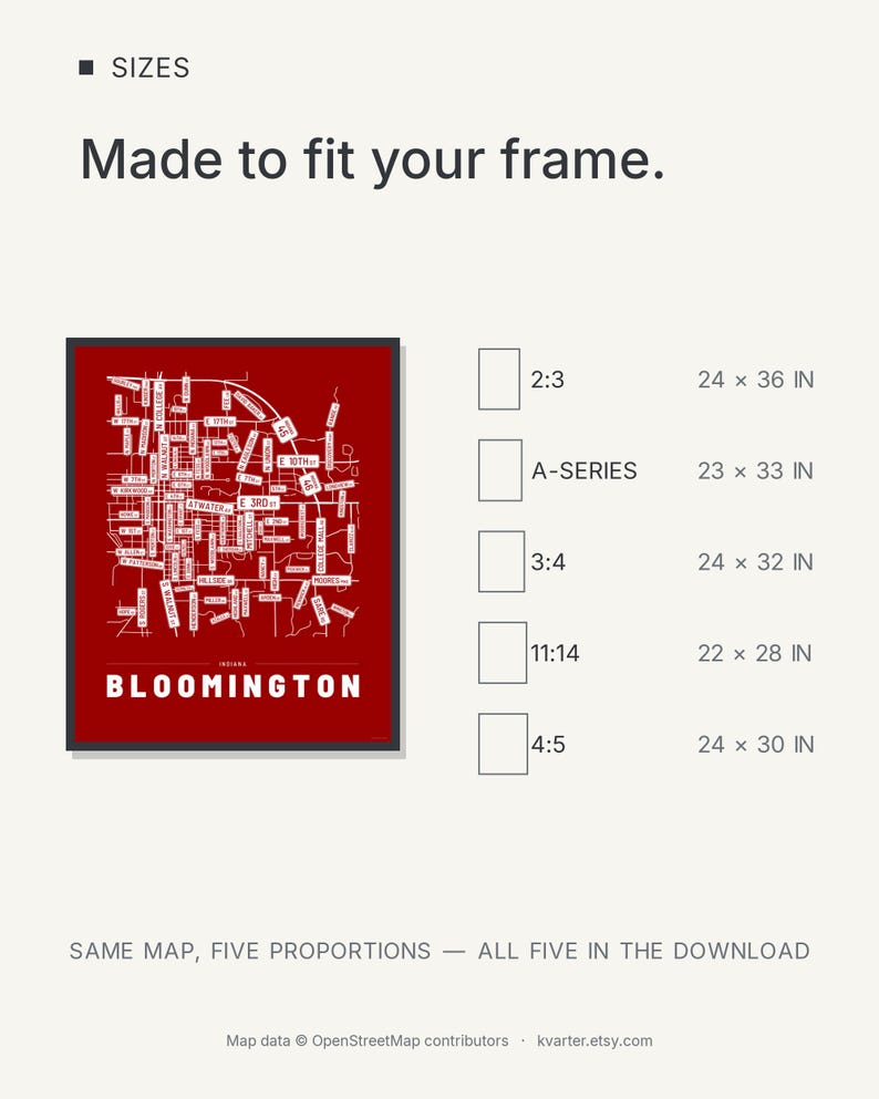 Bloomington map wall art — Listing image 08 — sizes
