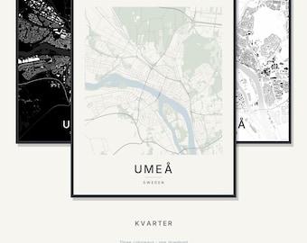 Mapa Umeå, plakat Umeå, skandynawska sztuka ścienna, minimalistyczna mapa miasta, Szwecja do druku, pobranie cyfrowe, prezent na parapetówkę