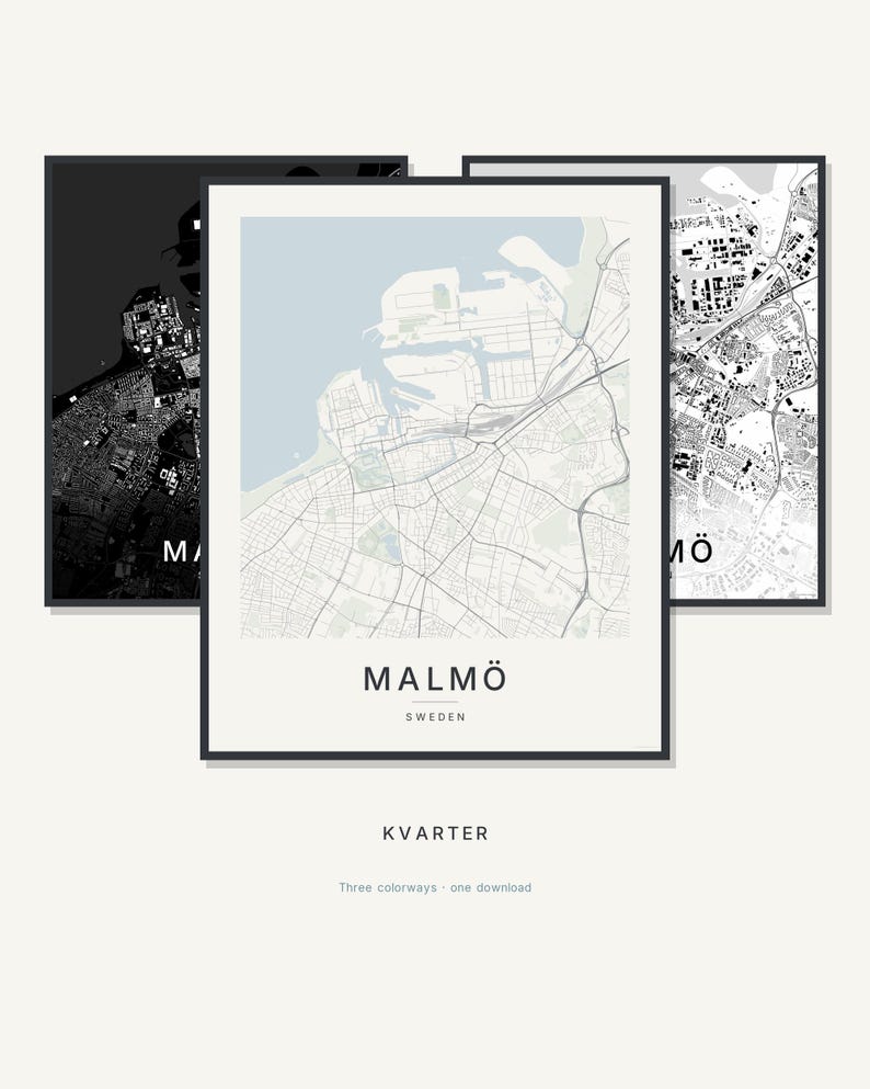 Malmö Map Print, Wall Art, Printable Digital Download, Minimalist City Map, Scandi Poster, Housewarming Gift image 1