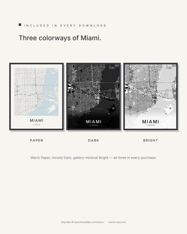 Miami map wall art — Listing image 02 — colorways