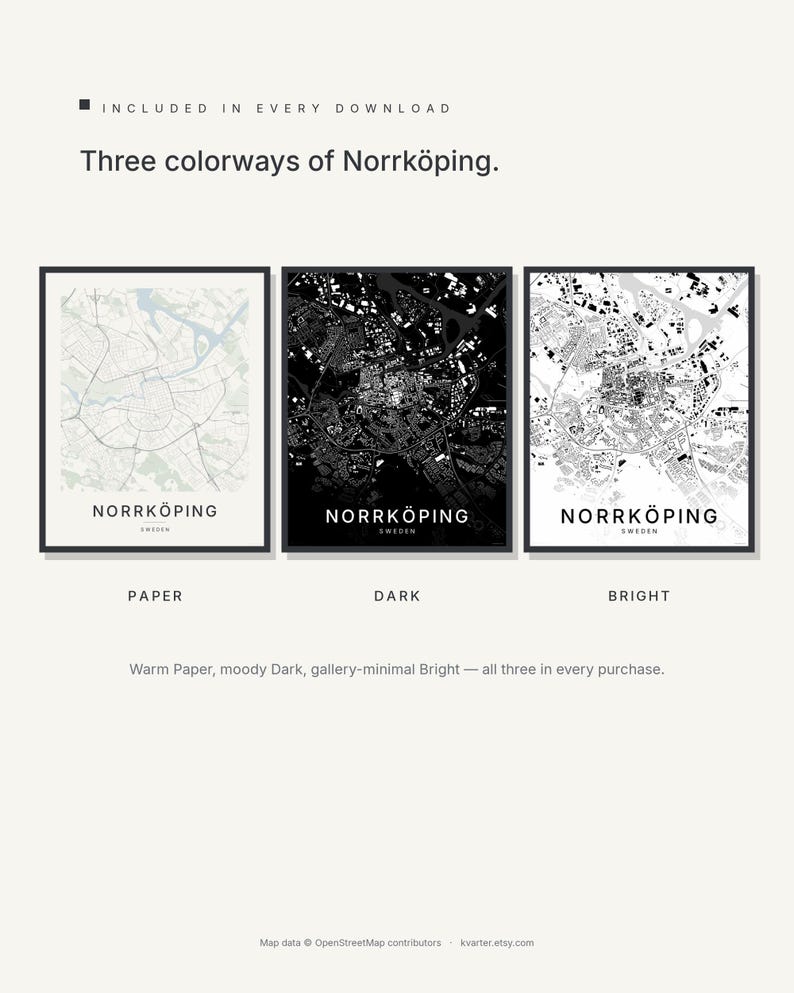 Norrköping map wall art — Listing image 02 — colorways