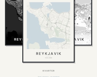 Mapa Reykjaviku, wydruk, plakat Reykjaviku, skandynawska sztuka ścienna, minimalistyczna mapa miasta, Islandia do druku, pobranie cyfrowe, prezent na parapetówkę