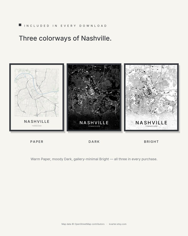 Nashville map wall art — Listing image 02 — colorways