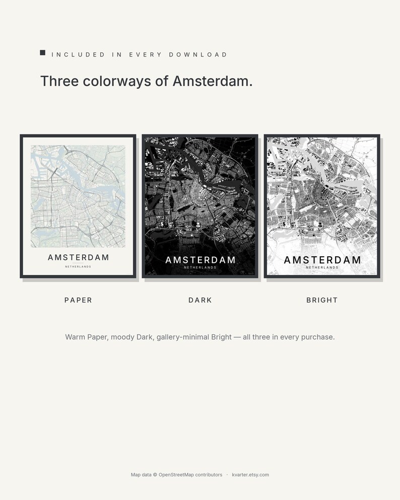 Amsterdam map wall art — Listing image 02 — colorways