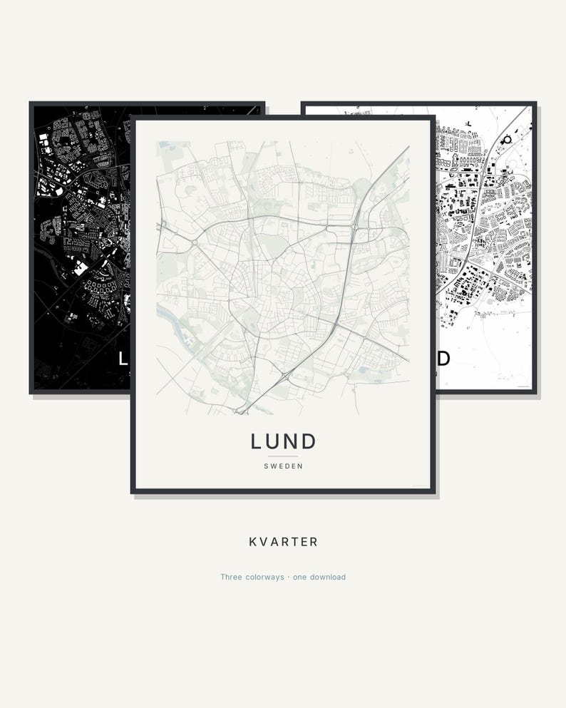 Lund Map Print, City Poster Wall Art, Printable Digital Download, Minimalist Scandinavian City Map, Housewarming Gift image 1