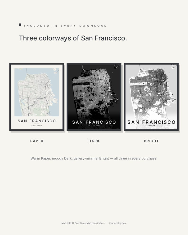San Francisco map wall art — Listing image 02 — colorways