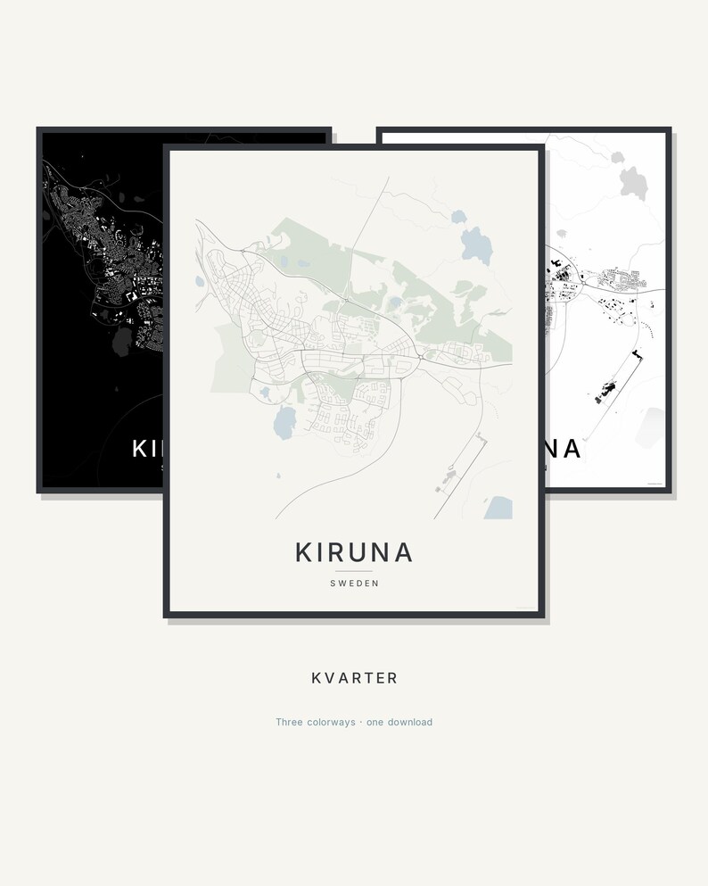 Kiruna Map Print, Wall Art, Printable Digital Download, Minimalist City Map, Scandi Poster, Housewarming Gift image 1