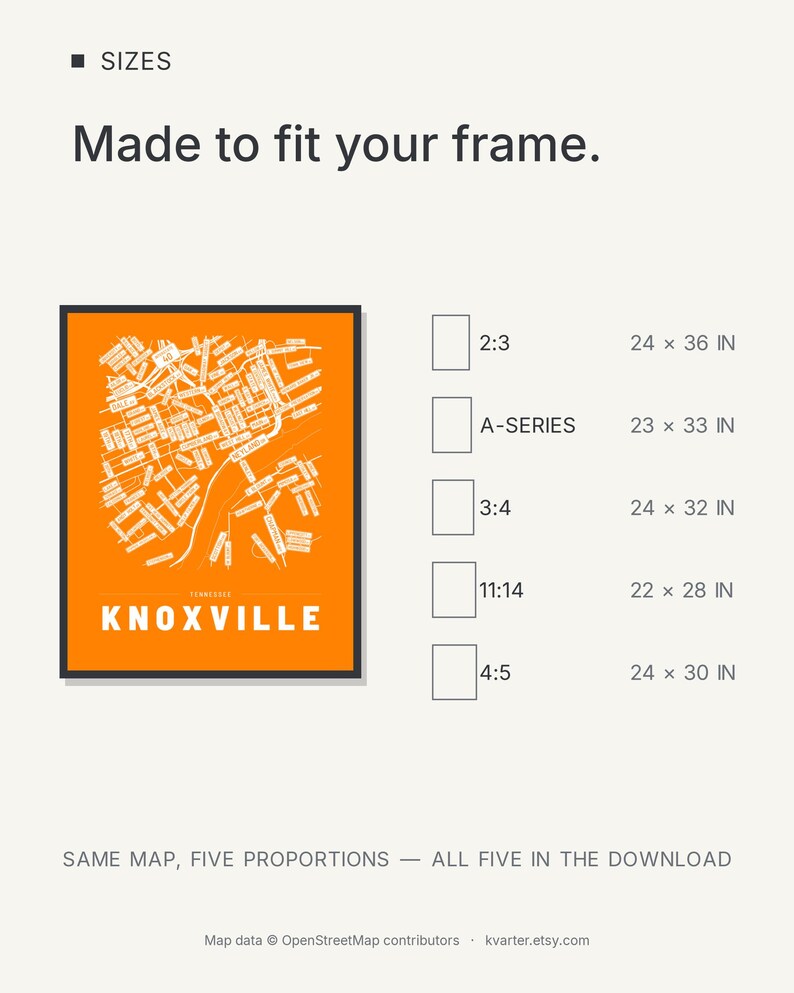 Knoxville map wall art — Listing image 08 — sizes