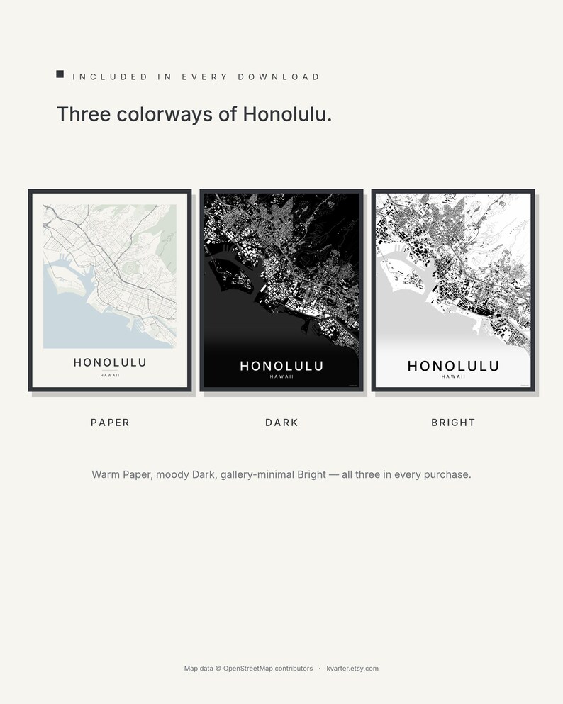 Honolulu map wall art — Listing image 02 — colorways