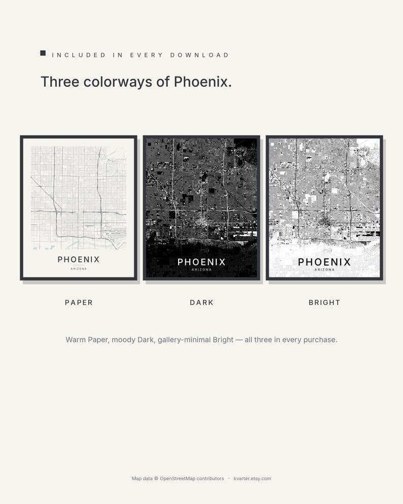 Phoenix map wall art — Listing image 02 — colorways