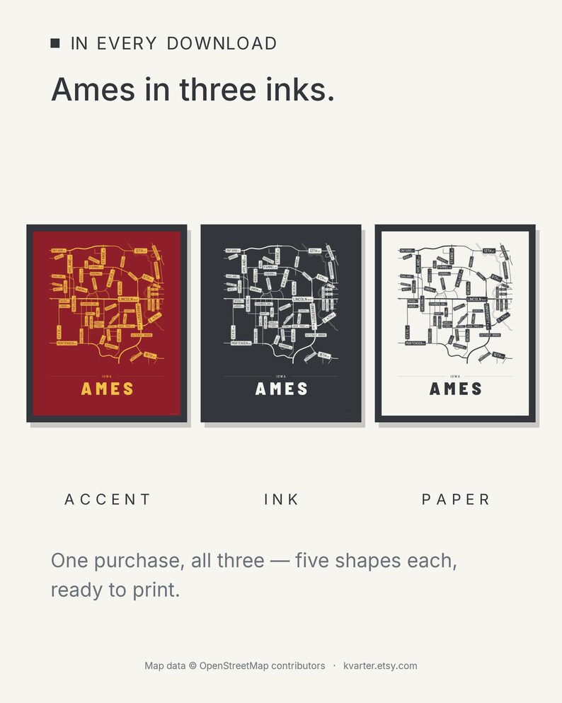 Ames map wall art — Listing image 05 — colorways
