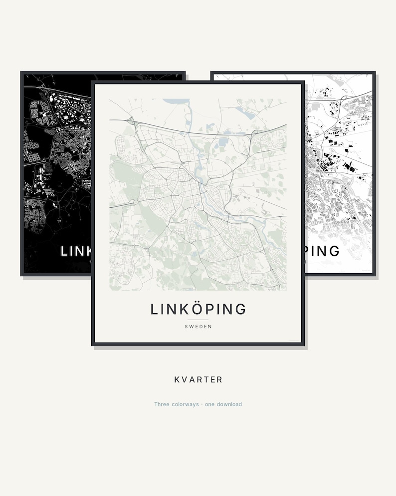Carte de Linköping à imprimer, affiche de la ville, décoration murale à imprimer, carte minimaliste de la ville, téléchargement numérique, décoration scandinave, cadeau de pendaison de crémaillère image 1