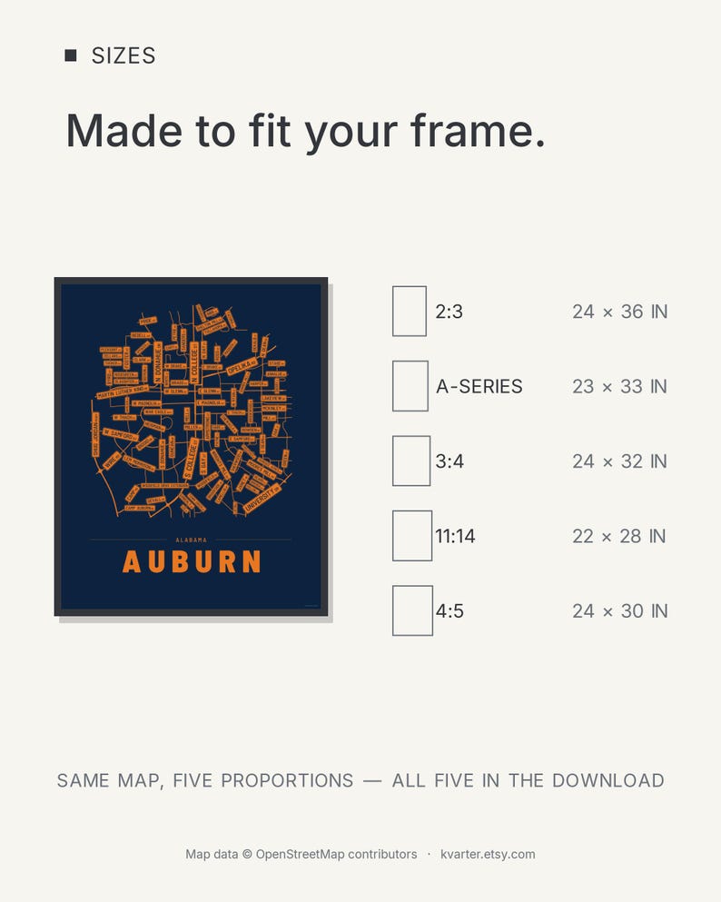 Auburn map wall art — Listing image 08 — sizes
