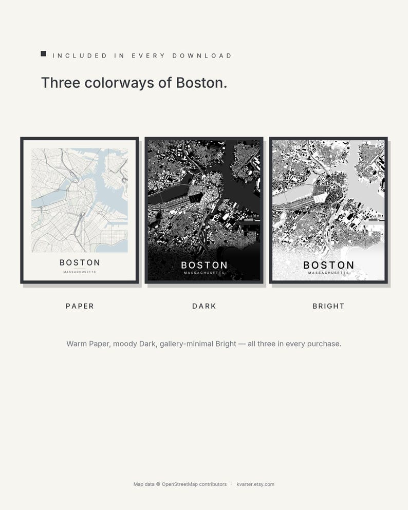 Boston map wall art — Listing image 02 — colorways