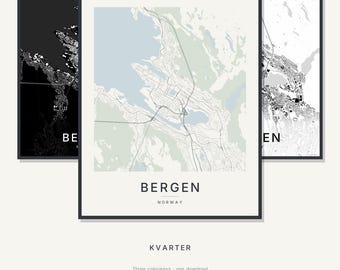 Bergen Map Print, Wall Art, Printable, Digital Download, Minimalist City Map Poster, Norway, Housewarming Gift