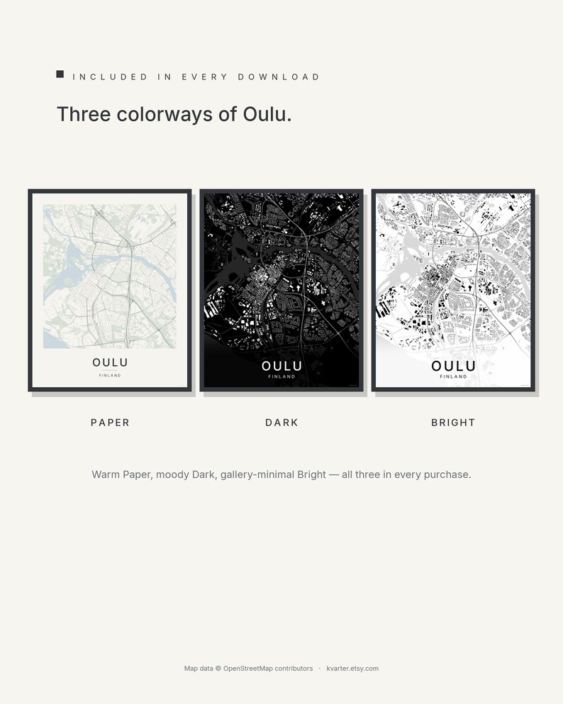 Oulu map wall art — Listing image 02 — colorways