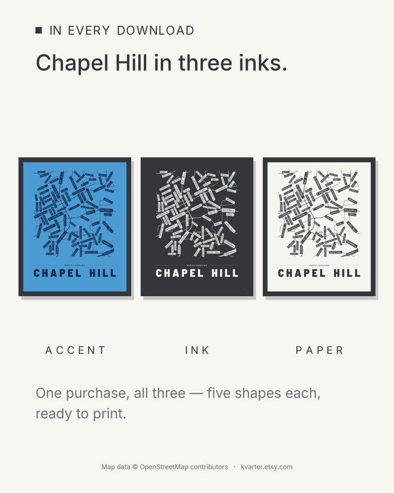 Chapel Hill map wall art — Listing image 05 — colorways