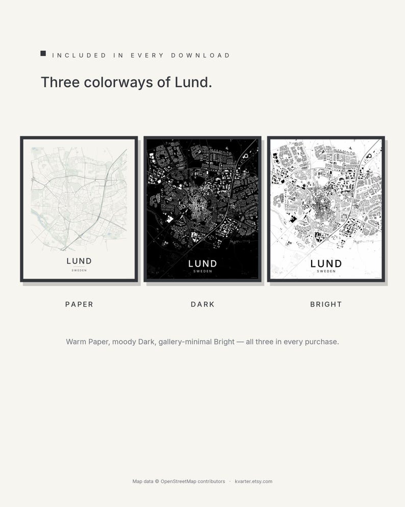 Lund Map Print, City Poster Wall Art, Printable Digital Download, Minimalist Scandinavian City Map, Housewarming Gift image 2