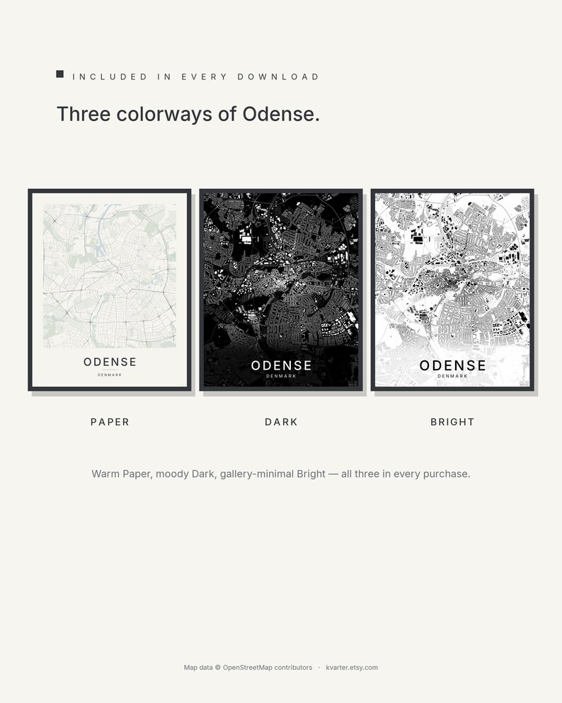 Odense map wall art — Listing image 02 — colorways
