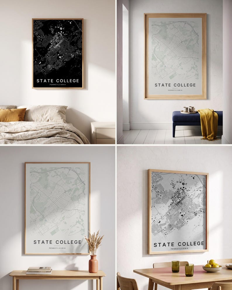 State College map wall art — Listing image 02 — colorways