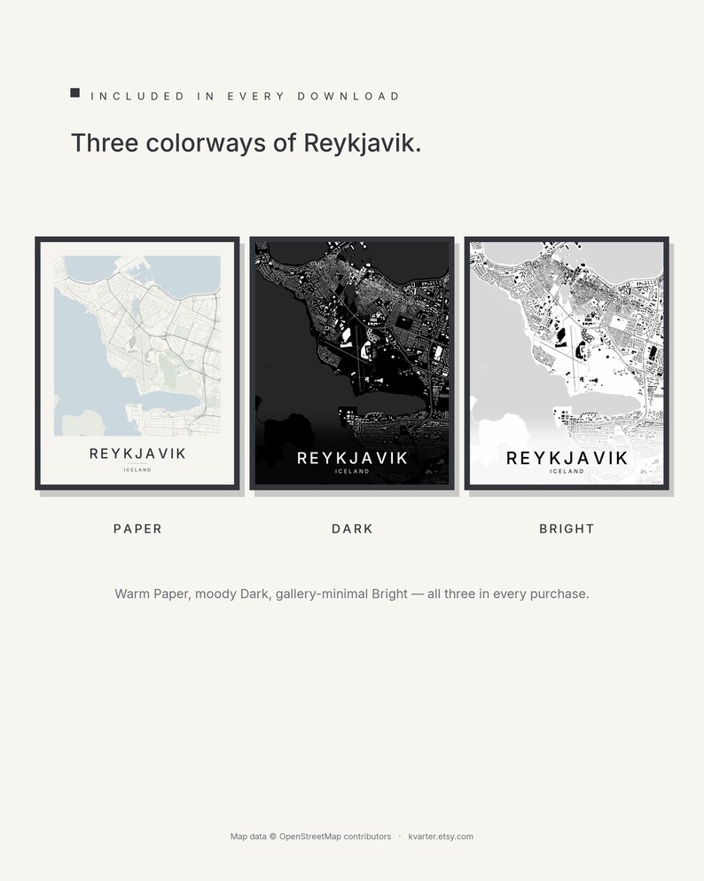 Reykjavik Map Print, City Poster, Printable Wall Art, Minimalist Digital Download, Scandi City Map, Housewarming Gift image 2