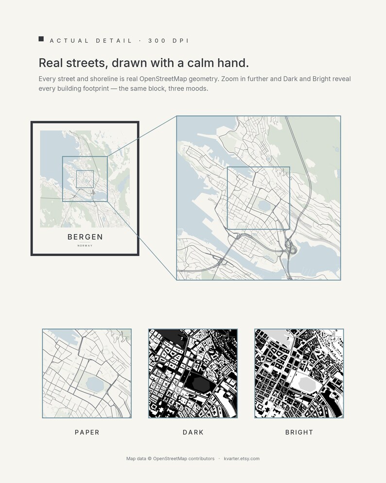 Bergen-Stadtplan als Kunstdruck, Wandbild zum Ausdrucken, Digitaler Download, Minimalistisches Stadtplan-Poster, Skandinavische Deko, Einzugsgeschenk Bild 4