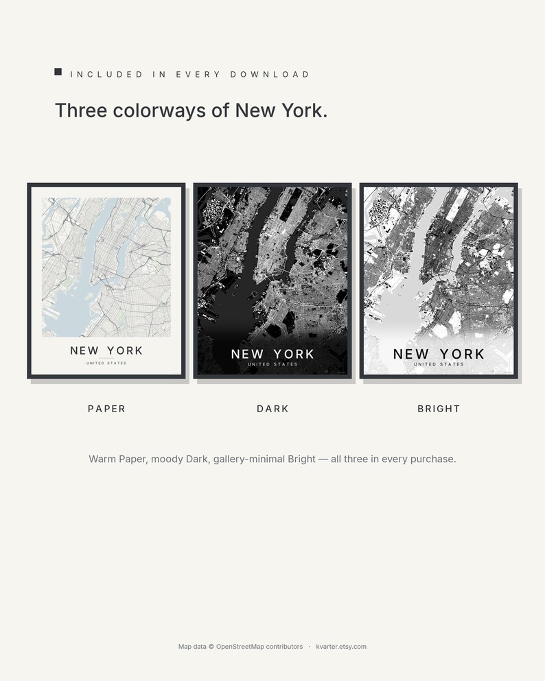 New York map wall art — Listing image 02 — colorways