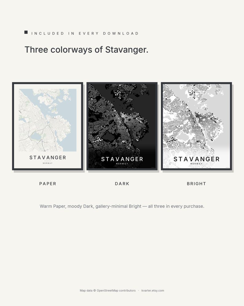 Stavanger map wall art — Listing image 02 — colorways
