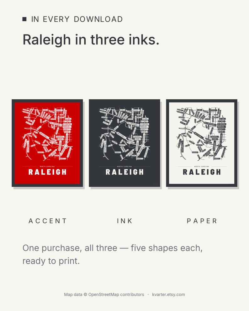Raleigh map wall art — Listing image 05 — colorways