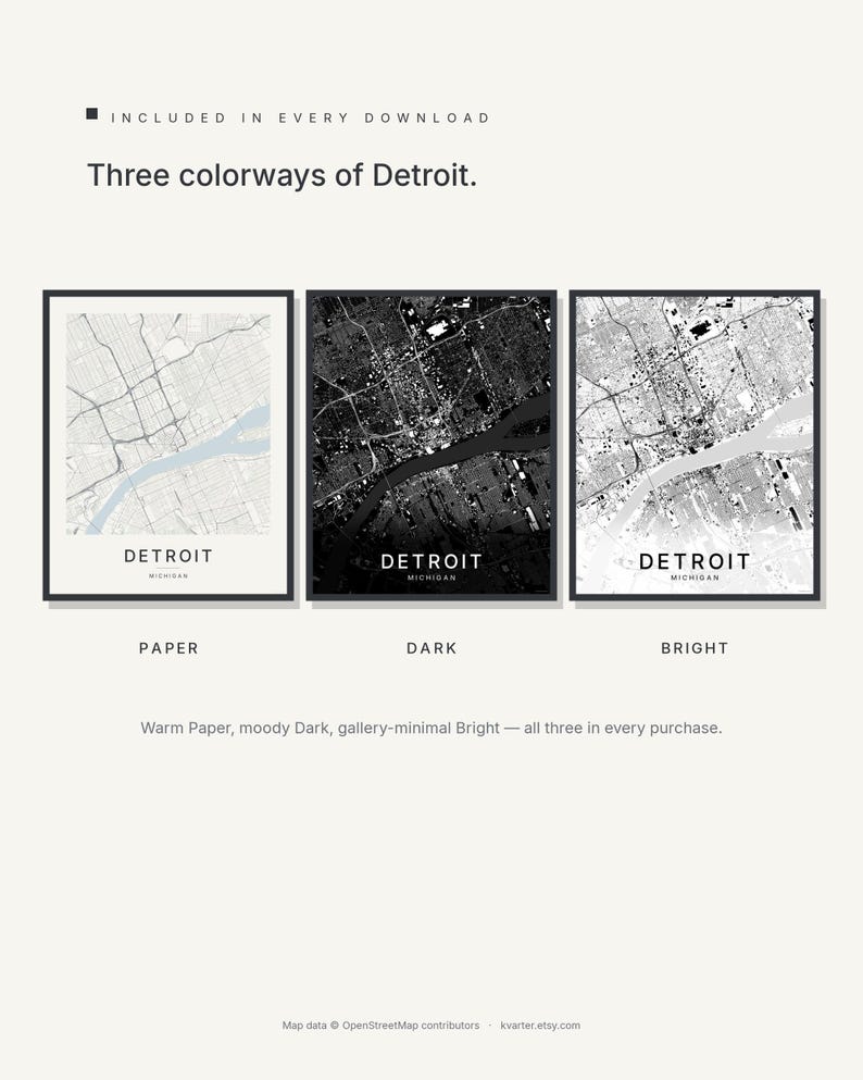 Detroit map wall art — Listing image 02 — colorways