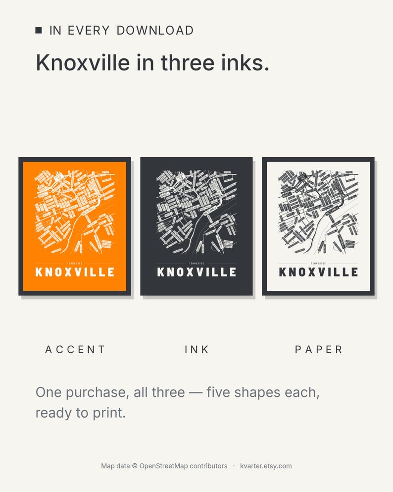 Knoxville map wall art — Listing image 05 — colorways