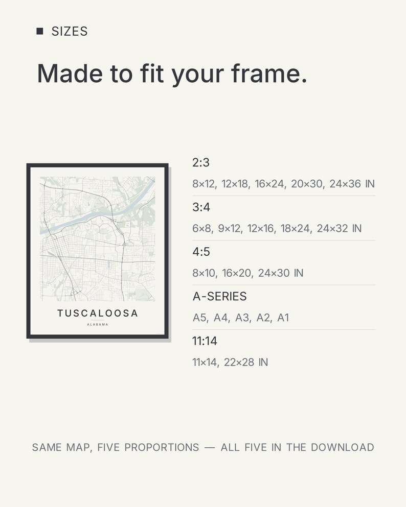 Tuscaloosa map wall art — Listing image 06 — sizes