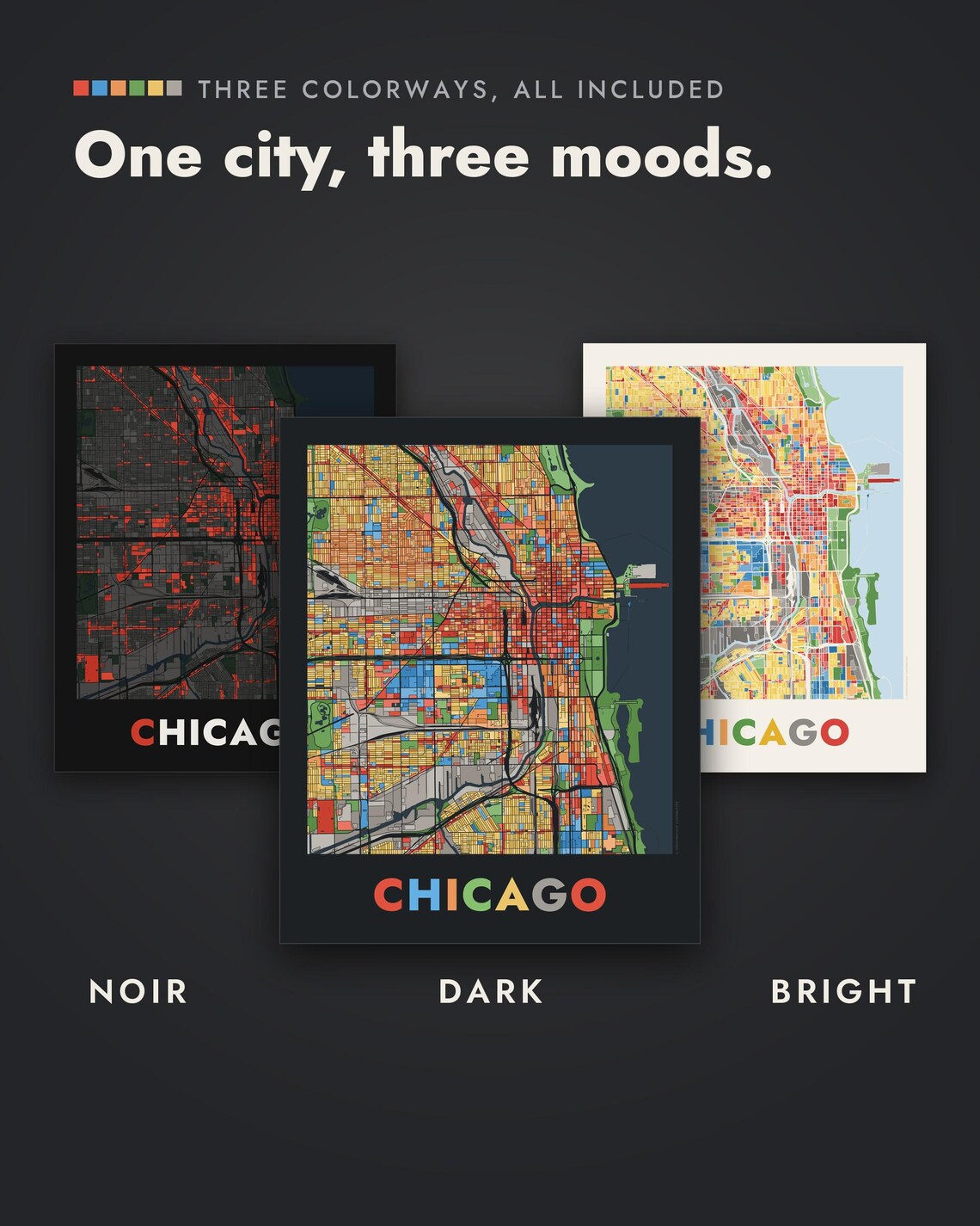 Chicago Illinois Colorful City Map Print, Mosaic Wall Art (digital ...