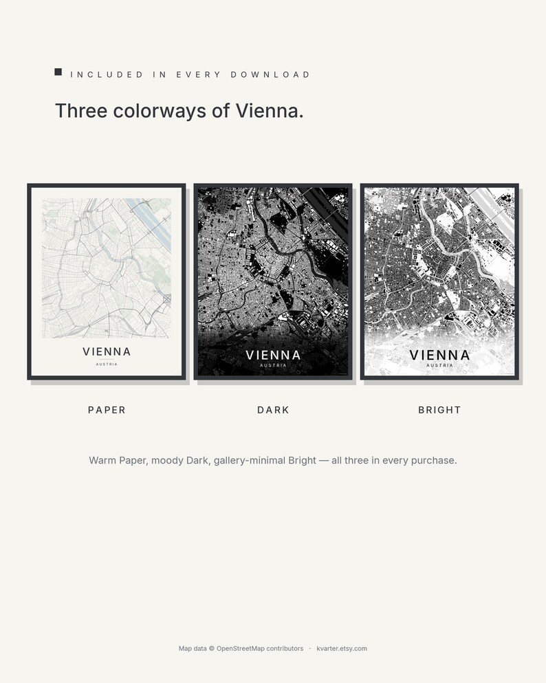 Vienna map wall art — Listing image 02 — colorways