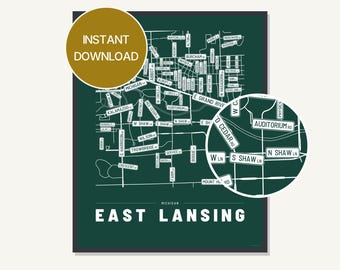 East Lansing Michigan Street Map Print, Typography City Wall Art (Digital Download)