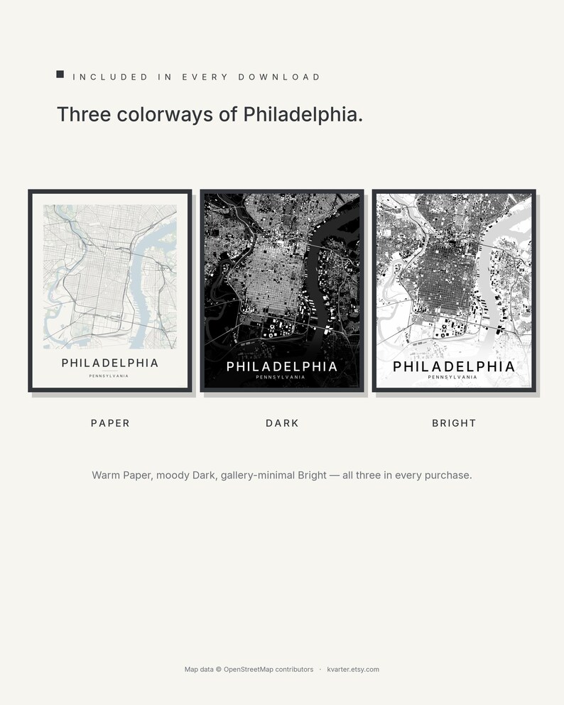 Philadelphia map wall art — Listing image 02 — colorways