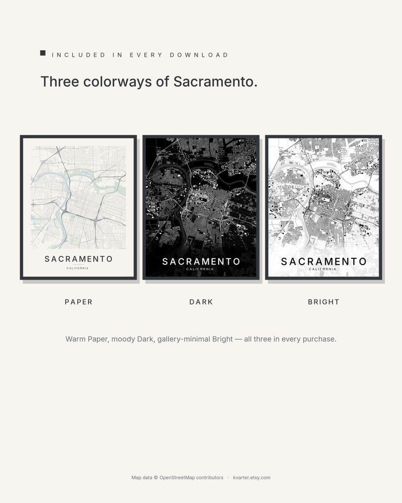 Sacramento map wall art — Listing image 02 — colorways