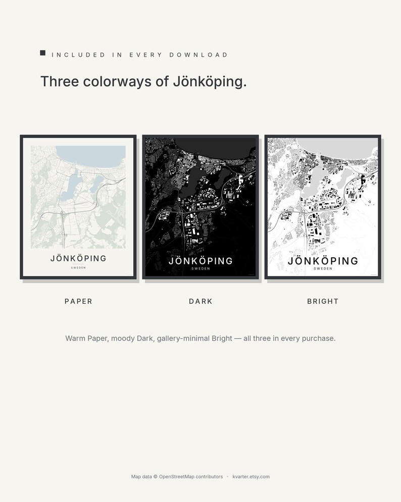 Jönköping map wall art — Listing image 02 — colorways