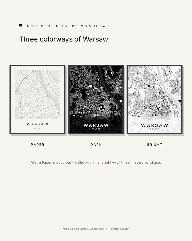 Warsaw map wall art — Listing image 02 — colorways