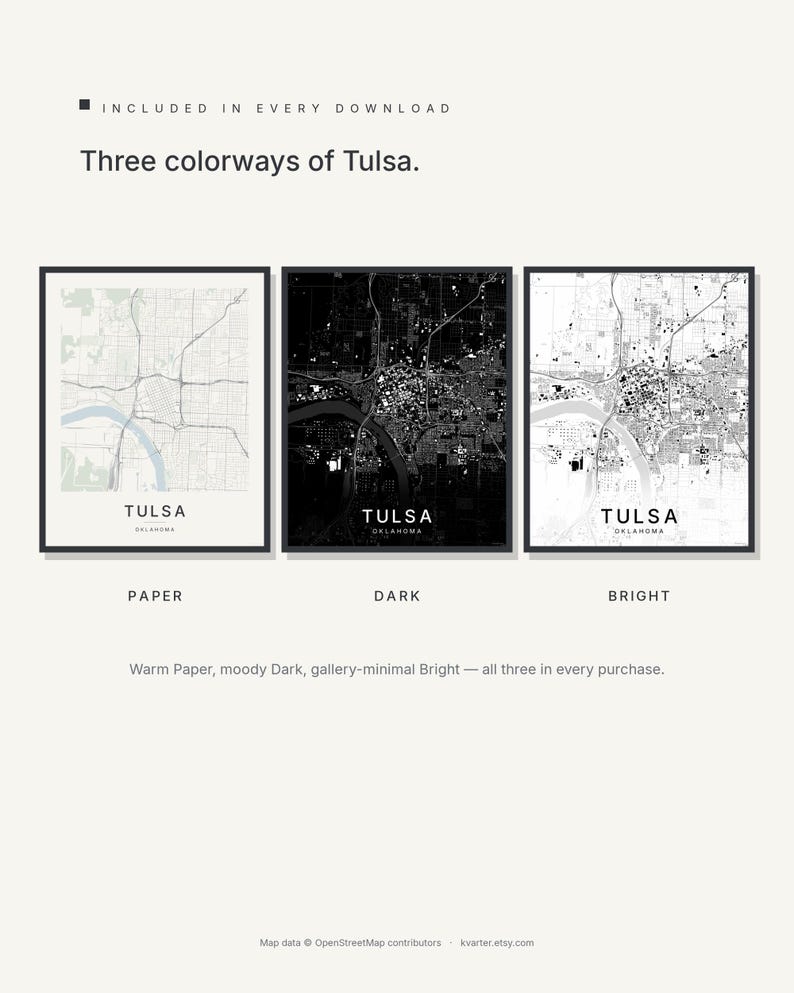 Tulsa map wall art — Listing image 02 — colorways
