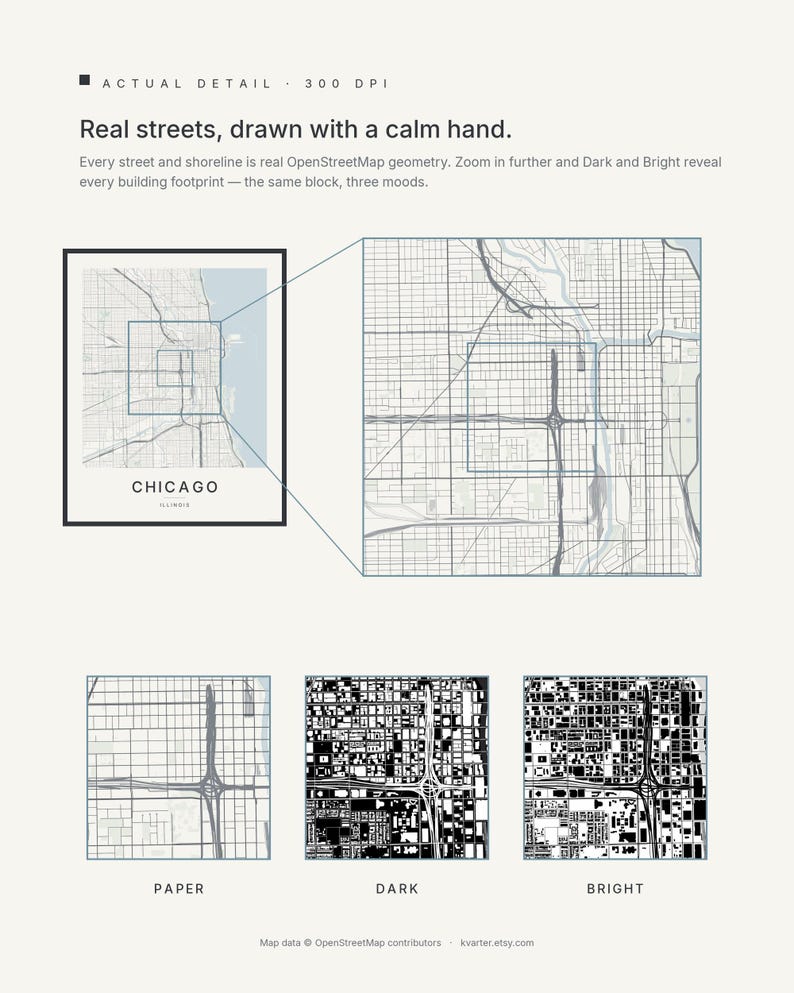 Chicago map wall art — Listing image 06 — sizes