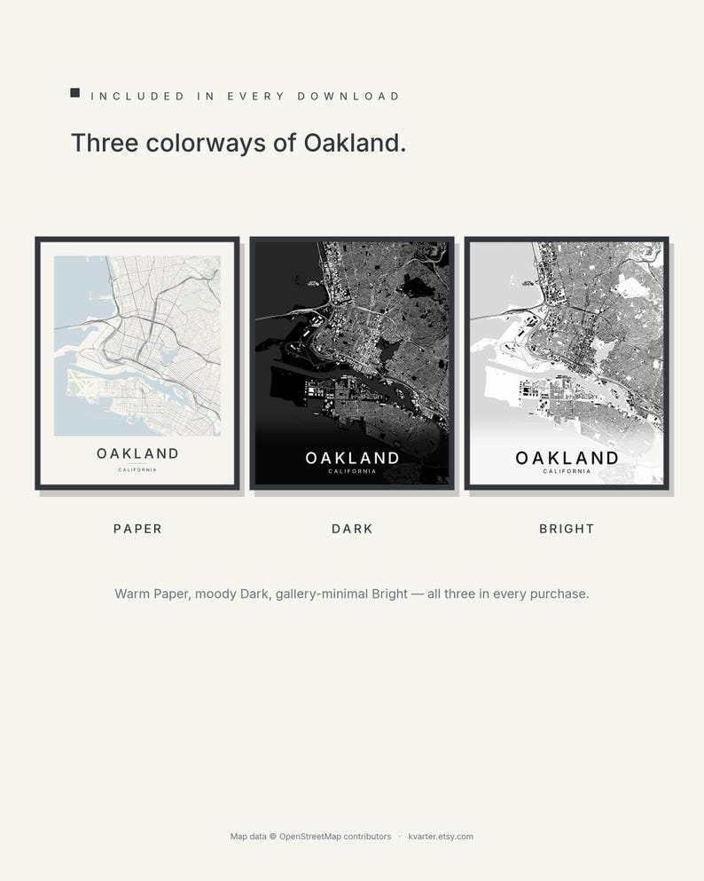 Oakland map wall art — Listing image 02 — colorways