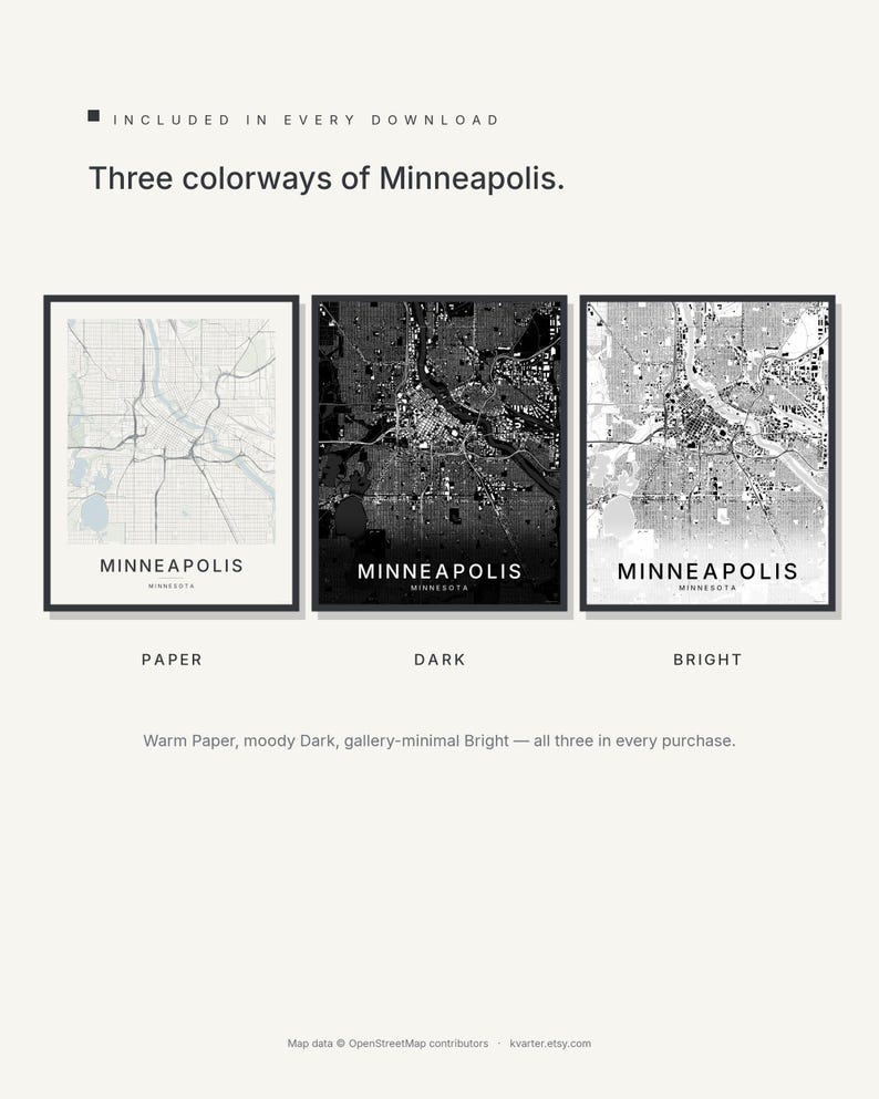 Minneapolis map wall art — Listing image 02 — colorways