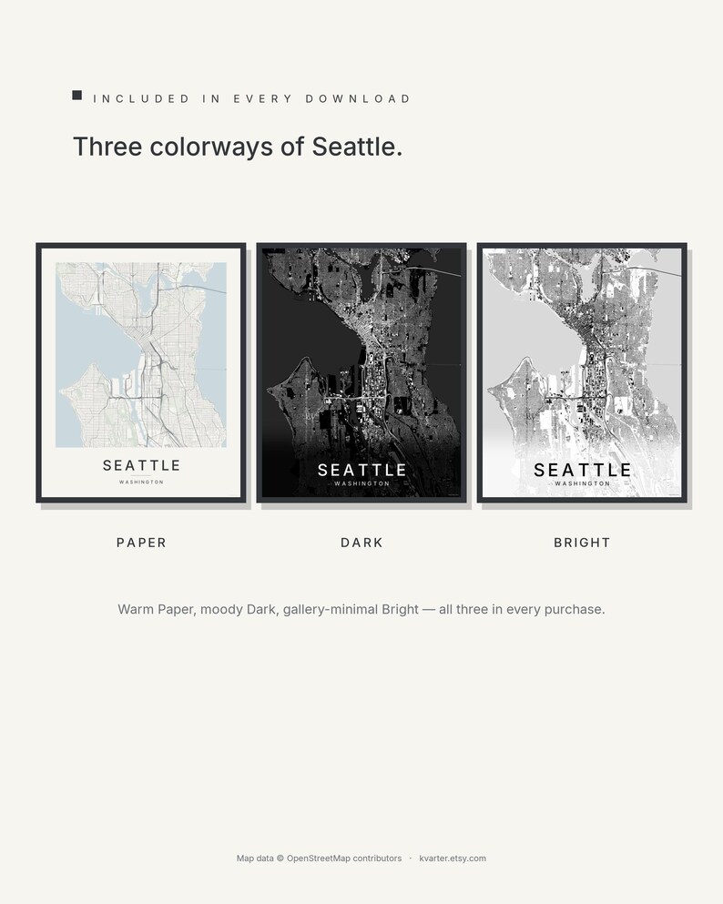 Seattle map wall art — Listing image 02 — colorways