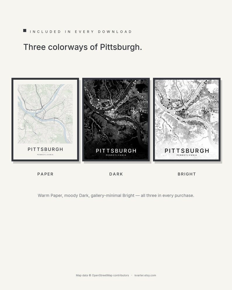 Pittsburgh map wall art — Listing image 02 — colorways