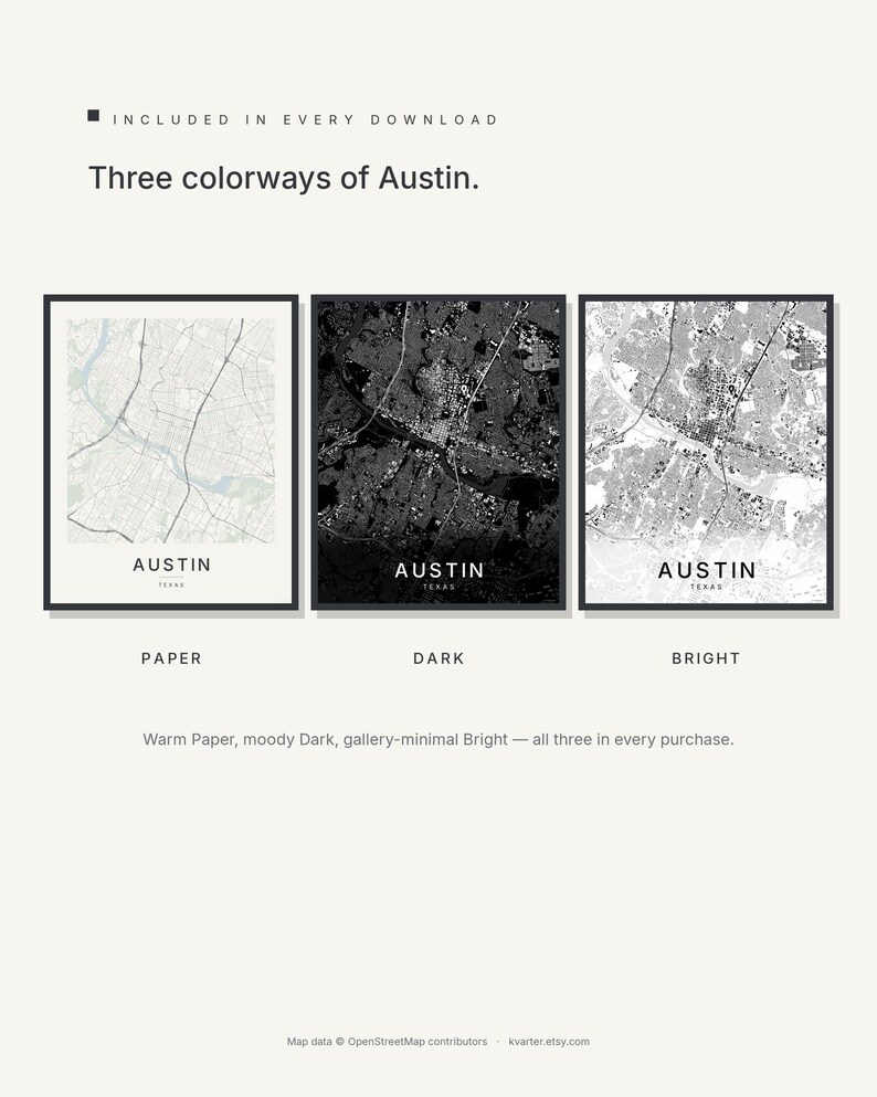 Austin map wall art — Listing image 02 — colorways